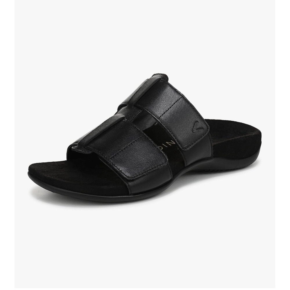 Vionic Wms Riley Slide Sandals Black Leather Orthotic Arch Support 7W NEW! $130